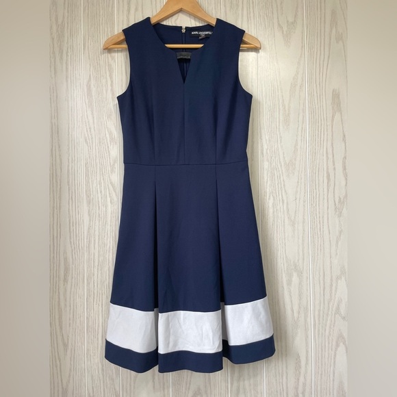 Karl Lagerfeld Paris Dress Shift Size 4 Navy Blue White Color-block Zipper - Picture 1 of 3